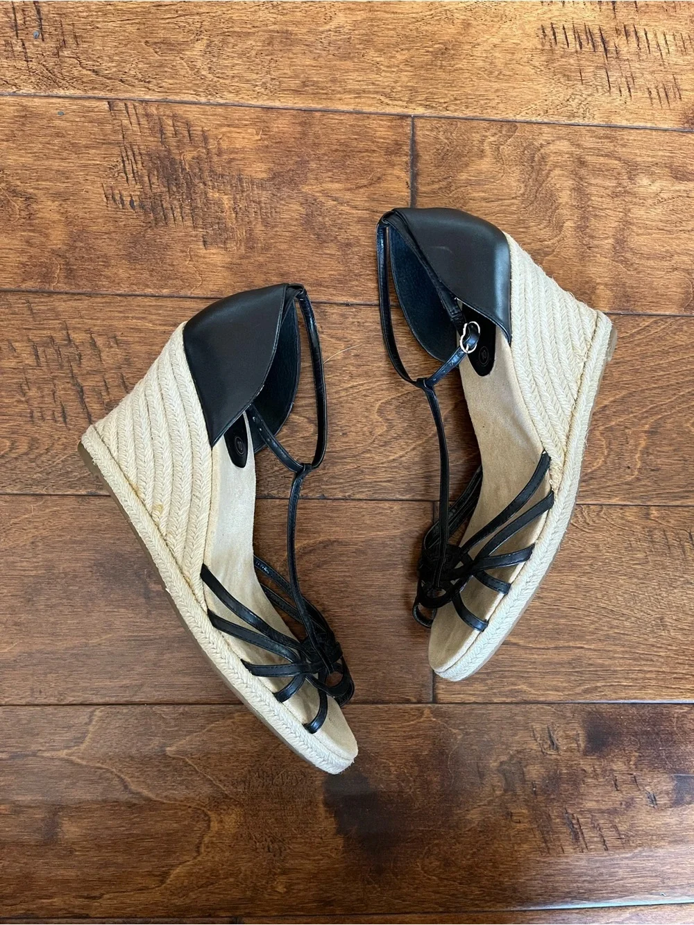 LOFT Black Strappy T‑Bar Espadrille Wedges